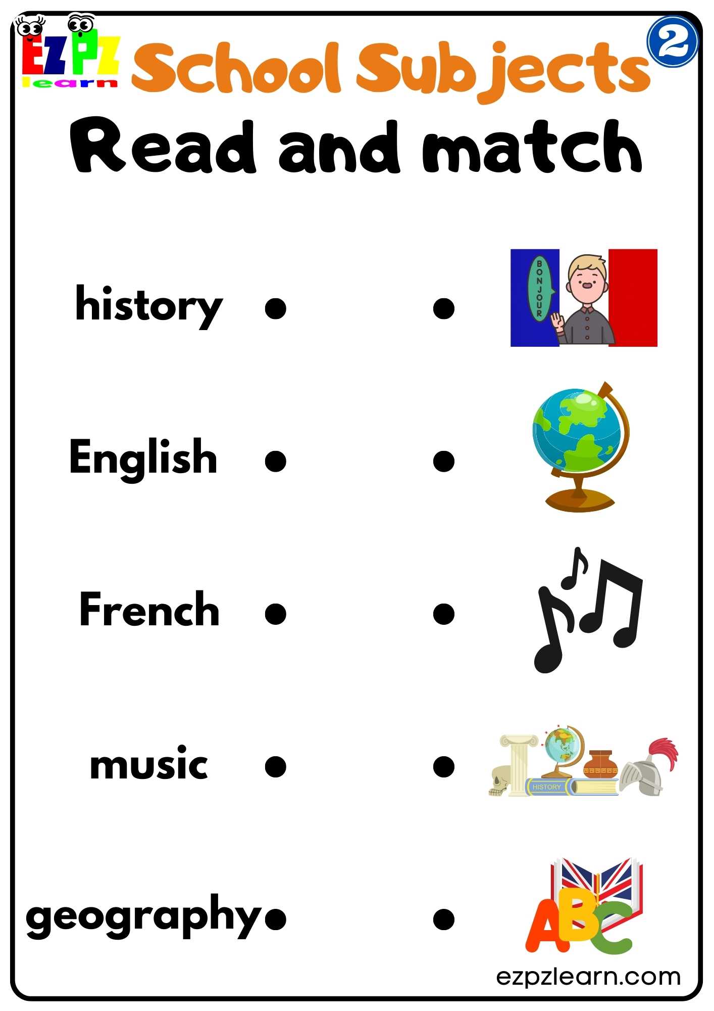Group2 School Subjects Read and Match Worksheet for Homeschool and ESL Students